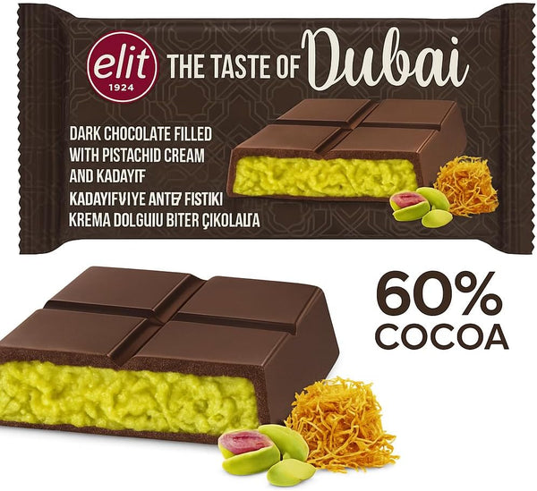 Elit Dark Dubai Chocolate Bar 60% Cocoa with Pistachio Cream and Kadayif, 90g
